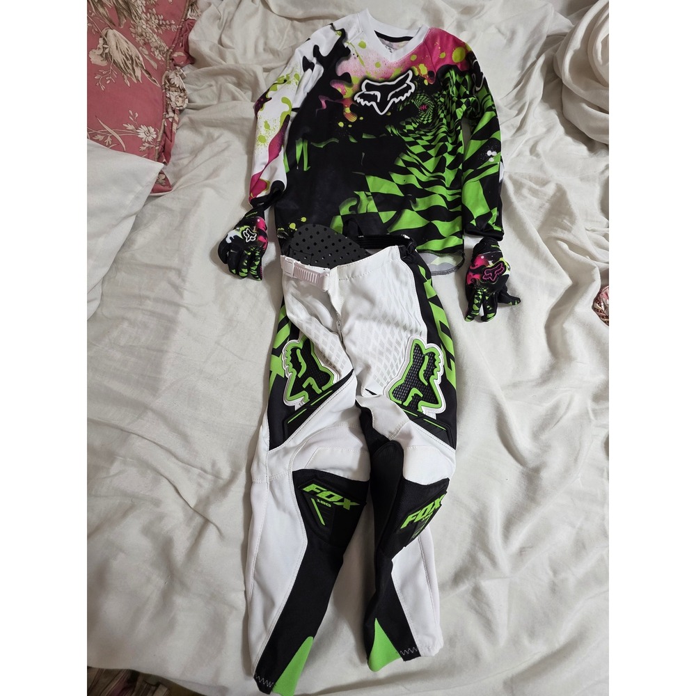 Fox Racing Youth 180 Motocross Gear Set Jersey Pants Gloves Green Pink 22 HC